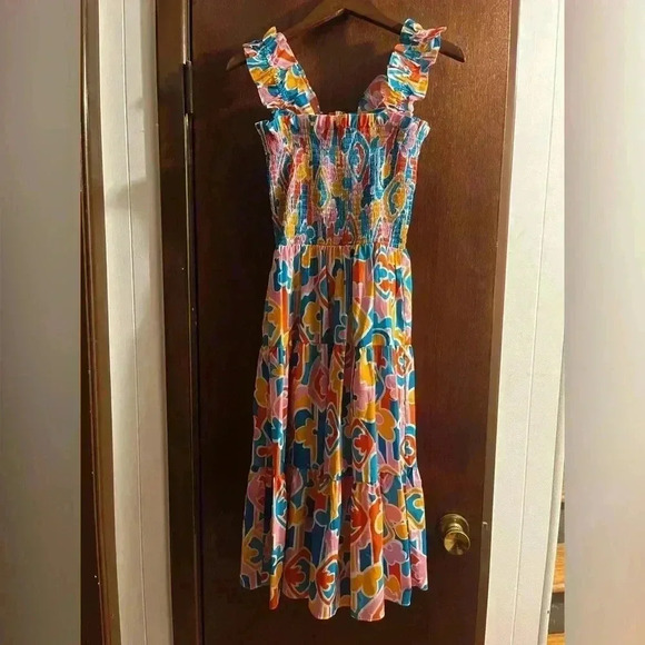 NWOT Amanda Uprichard Adelene Smocked A-Line Midi Dress Miami Print S - Picture 3 of 4